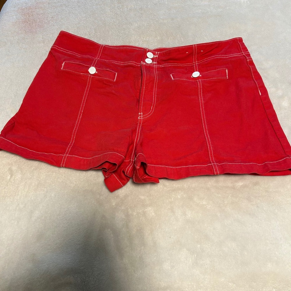 Rivete Denim Shorts Women 32 Red High Waisted Contrast Stitch Retro Nautical SEO